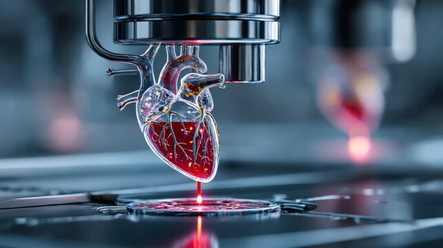 Technological advancement in medical science showcases a heart model being studied with lasers in a lab setting