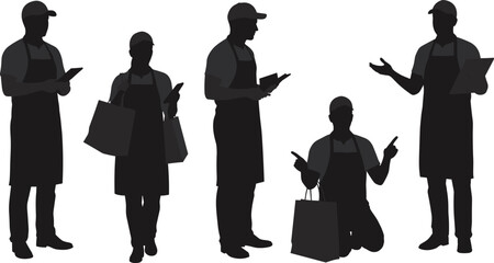 Silhouettes of various service industry workers in aprons and hats, including a man and woman holding shopping bags and clipboards, perfect for retail.