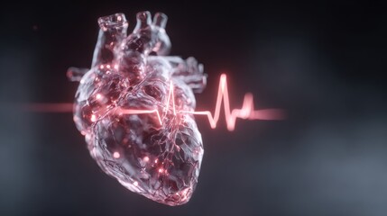 Heart with heartbeat graphic representation in a dark background showcasing intricate details and vibrant colors