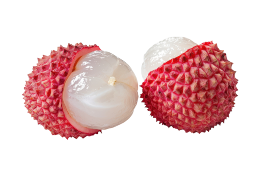 Vibrant lychee fruit showcasing its unique texture and juicy flesh against a stark white background in well-lit conditions isolated on transparent background
