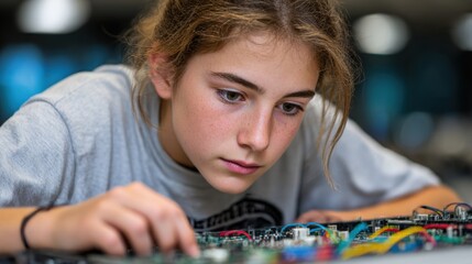 Young girl focused on electronic components during a technology workshop in a modern learning space