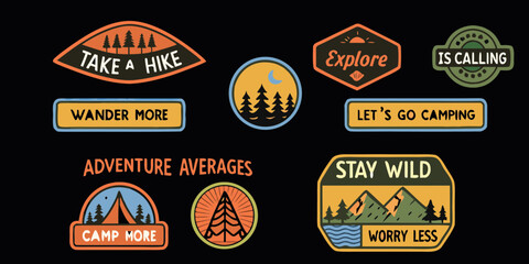 Collection of retro adventure patches and stickers with inspirational outdoor slogans on a black background