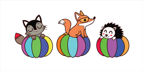 Obraz premium Cute Woodland Animals with Colorful Pumpkins Vector Set Featuring Fox Raccoon and Hedgehog for Autumn Designs 