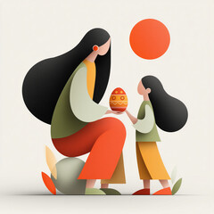 Mother showing child decorated egg in spring with colorful background  