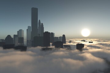 City in clouds, skyscrapers among the clouds, sunset above the clouds with high-rise buildings, 3D rendering