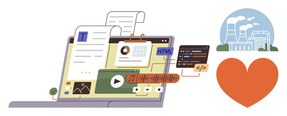 Laptop displaying digital files, HTML, code, and multimedia with energy plant and heart symbol. Ideal for technology, sustainability, coding, multimedia, content creation green energy digital