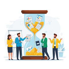 Conceptual illustration of time management with people and an hourglass filled with money and documents.