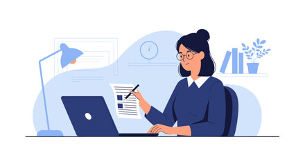 Fototapeta premium Woman Working At Home With Laptop And Forms Preparing The Tasks For The Day