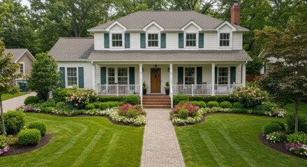 Beautiful white colonial style house with lush landscaping and manicured lawn on a sunny day