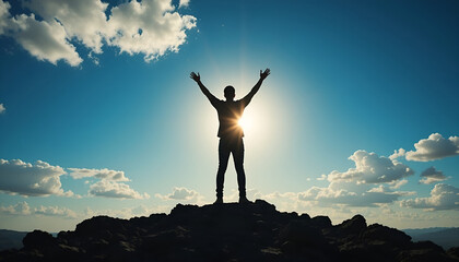 Silhouette of Man with Raised Arms Against Bright Sun and Blue Sky