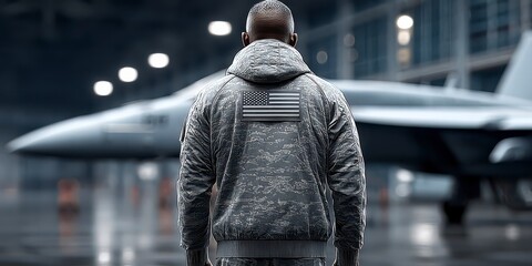 Guardian of the Skies: A determined individual, adorned in military attire, stands resolutely before a formidable aircraft, their gaze fixed upon a horizon of duty and dedication.