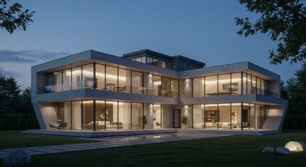 Fototapeta premium Modern luxury residence with large glass windows illuminated at dusk with lush greenery