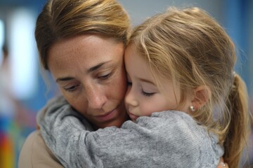 Fototapeta premium A mother and daughter share a tender moment, wrapped in a loving hug. The cozy indoor setting gives a sense of warmth and comfort during a peaceful afternoon