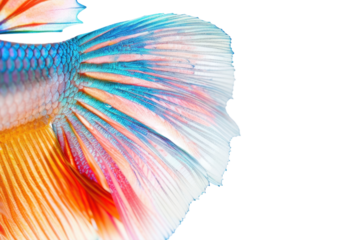 The vibrant fin of a betta fish glimmers in soft light, showcasing a dazzling array of colors and delicate textures in a serene atmosphere isolated on transparent background
