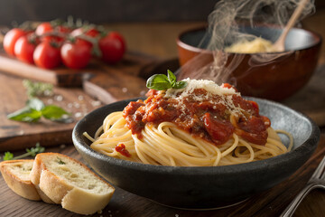 Fototapeta premium Rustic Italian meal featuring hot spaghetti with tomato sauce, grated cheese, basil, and garlic bread—celebrating comfort food and home-cooked freshness. generative ai