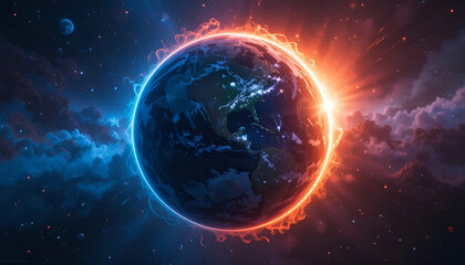 Obraz premium Planet Earth Ringed by Red and Blue Fire Global Warming Concept