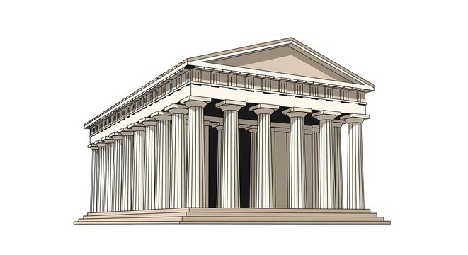Illustration of a Classical Greek Temple with Doric Columns on White Background