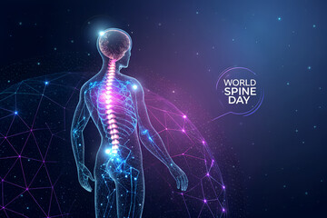 Fototapeta premium Futuristic illustration for World Spine Day featuring glowing spine in semi-transparent body with network background—highlighting spinal health and human connectivity. generative ai