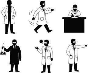 Various scientist poses and activities, including standing, walking, working at a desk, and holding beakers, a silhouette collection for science