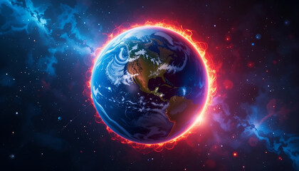Fototapeta premium Planet Earth Surrounded by Red Orange Fire Ring Global Warming Concept