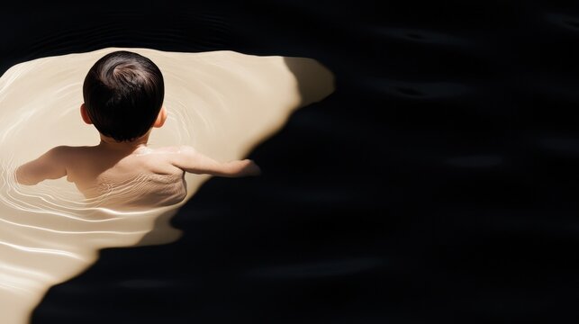 A boy is swimming in a murky body of water. The water is dark and murky, and the boy is the only one in it