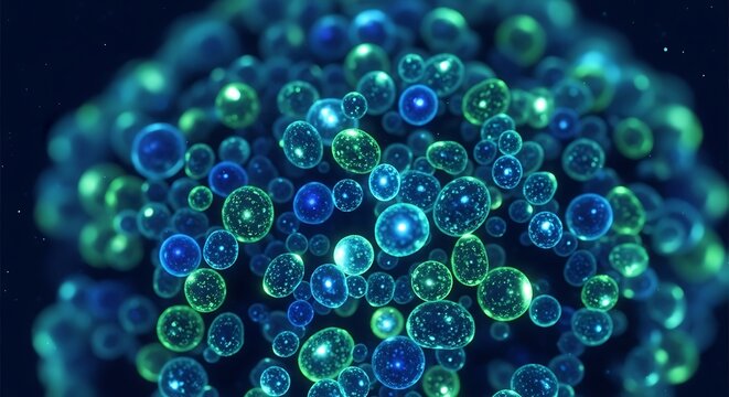 Abstract Microscopic Spheres Cluster with Blue and Green Hues for Scientific Visualization - Powered by Adobe