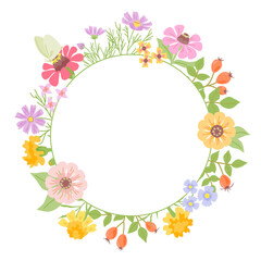 Floral wreath frame with colorful flowers, leaves and butterfly in a circular arrangement. Perfect for invitations, greeting cards, wedding, and seasonal decoration.
