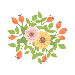 Vector colorful isolated floral illustration with zinnia and rosehip. Perfect for greeting cards, invitations, autumn and summer designs.