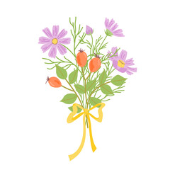 Vector colorful isolated  illustration of bouquet of cosmos flowers and rosehip with bow. Perfect for greeting cards, invitations, autumn and summer designs.