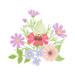 Vector colorful floral illustration with flowers, leaves, and butterfly on white background. Perfect for greeting cards, invitations, autumn and summer designs.