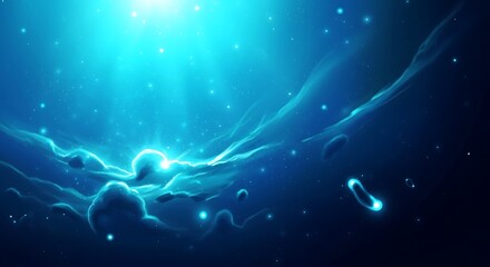 Abstract Blue Nebula with Glowing Light and Stars in Deep Space