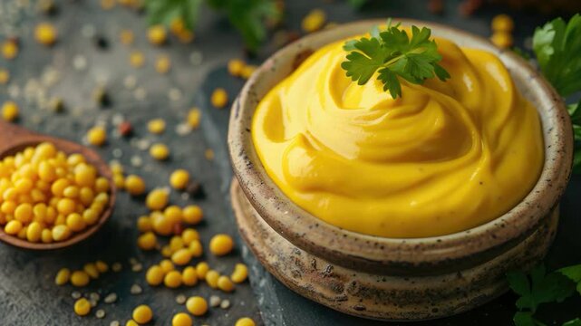 A condiment and snack combination with mustard in a bowl alongside a spoon of corn