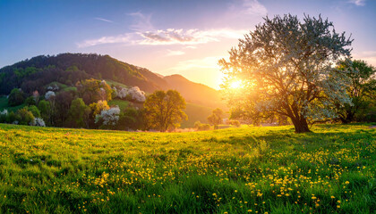 Obraz premium Scenic spring sunset over a vibrant field of wildflowers and a blooming tree, capturing nature's beauty