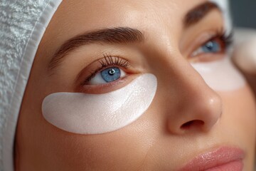 A woman is enjoying a soothing spa session with under-eye patches applied beneath her eyes. She is in a beauty salon during daytime, surrounded by tranquility