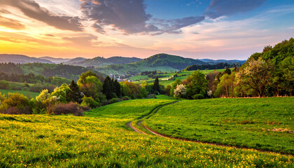 Fototapeta premium Idyllic evening panorama of rolling green hills and a winding path through the tranquil countryside, bathed in the soft glow of a colorful sunset