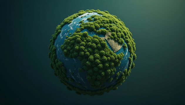 Miniature Green Planet Earth Covered in Dense Forest and Trees