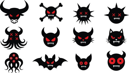 Black silhouette of a collection of monster, devil, animal and other various evil creatures with red eyes