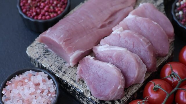 Raw pork tenderloin, sliced, is fresh meat, a source of protein, and an ingredient for a hearty meal. Pork tenderloin as a food backdrop for your design.