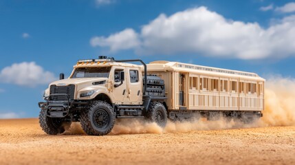Off-Road Adventure: Rugged truck with trailer traversing a sandy desert landscape under a clear blue sky, evoking a sense of exploration and expedition.