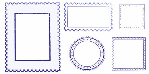Collection of hand drawn blue postage stamp frames and borders on a white background
