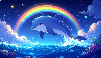 Cute dolphin leaping in a starry night ocean scene