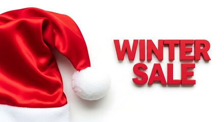 Festive red santa hat with bold winter sale text promotion graphic