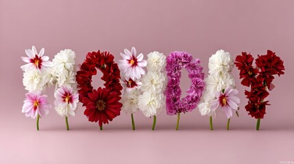 Colorful floral arrangement spelling out the word TODAY, featuring a variety of vibrant flowers in shades of red, pink, and white against a soft pink background, creating a cheerful and uplifting atmo