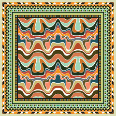 Abstract square scarf design, wavy pattern in earthy tones, framed with geometric borders in contrasting colors, creating a vibrant, rhythmic design.

