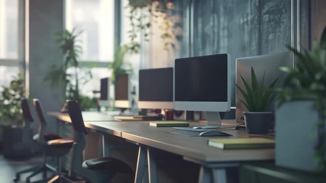 Row of desks with computers and office equipment