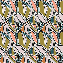 Abstract flowing shapes repeating pattern, in soft pink, orange, teal, and green an olive background

