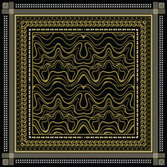 Decorative golden frame scarf design with a flowing and waving print pattern, displayed on a black background for a bold and sophisticated look.