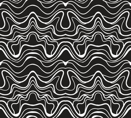 A diagonal black and white seamless abstract pattern featuring wavy lines and organic shapes, creating a fluid and dynamic design.