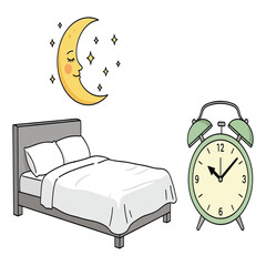 Sleep and morning routine vector icon set. Cartoon illustrations of a bed, sleeping moon, and retro alarm clock.