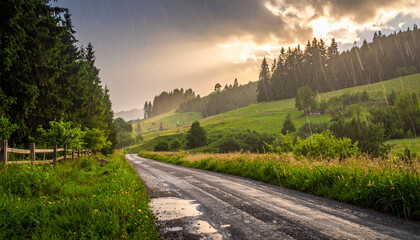 A picturesque country road, glistening wet from a recent downpour, winds through verdant hills and dense forests as golden sunbeams pierce the cloudy sky, highlighting the fresh, clean landscape